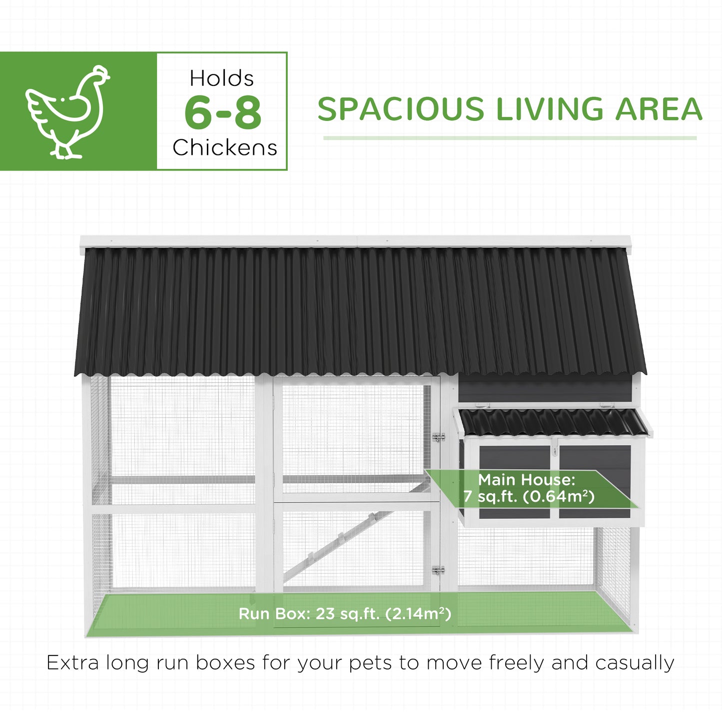 PawHut Wooden Chicken Coop with Run, 2 Nesting Boxes, 2 Roosting Bars, Ramp & Tray, Poultry Cage for 6-8 Chickens, Gray