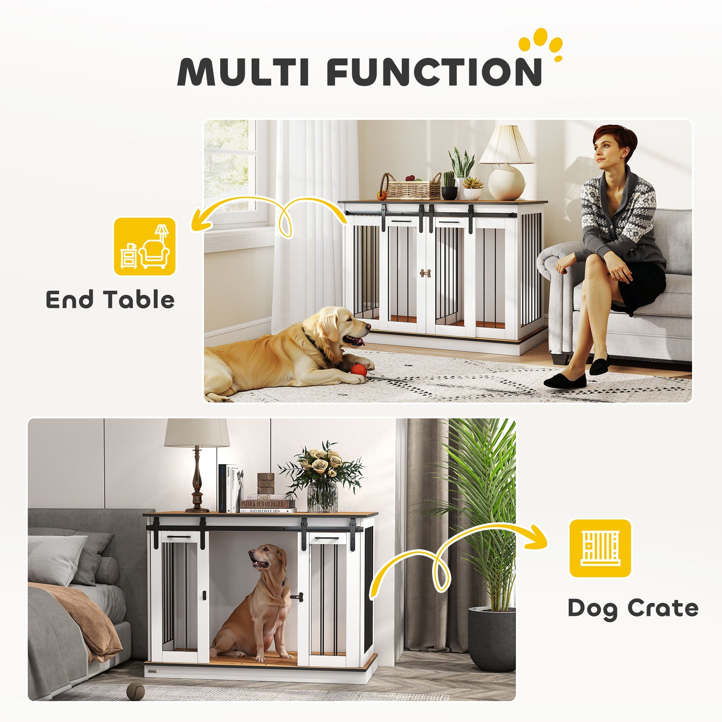 PawHut Dog Crate, Dog Cage End Table with Divider Panel, Dog Crate Furniture for Large Dog and 2 Small Dogs, White