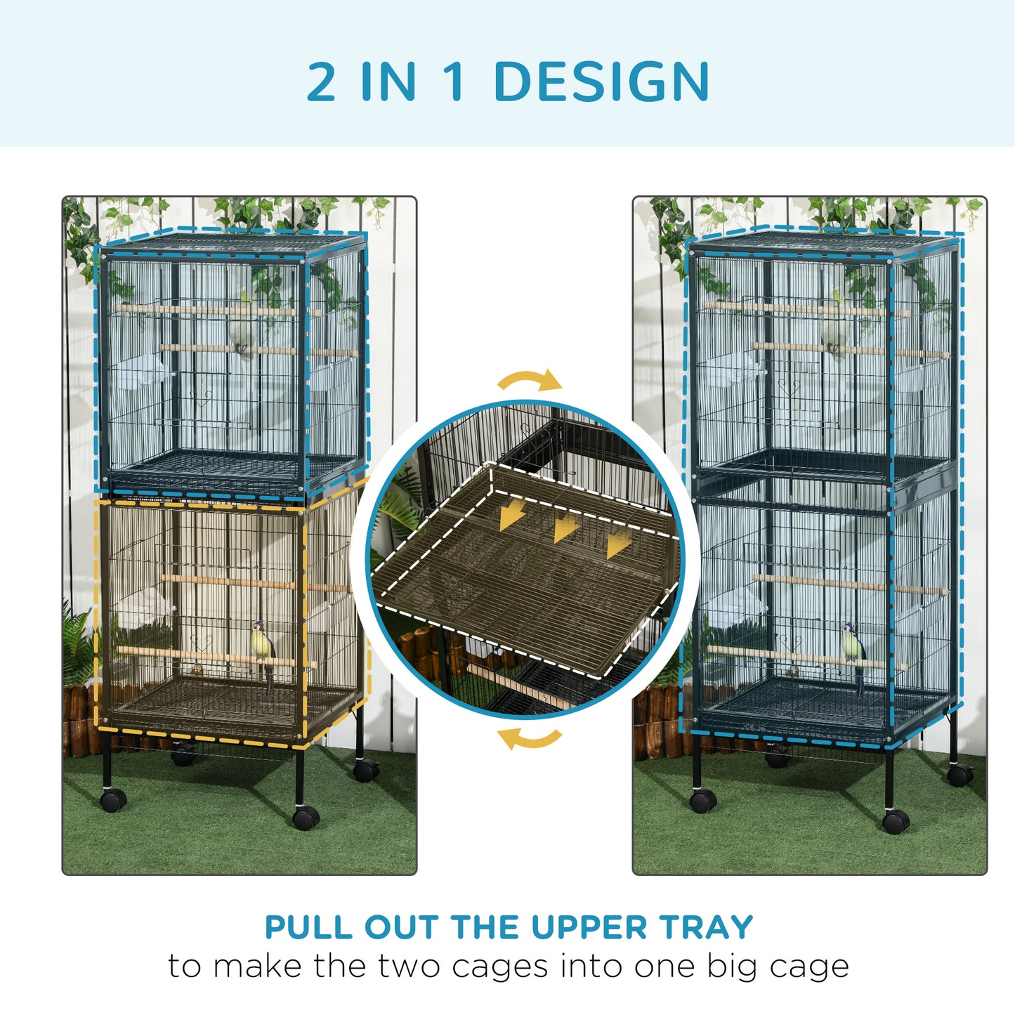 PawHut 55" 2 In 1 Bird Cage Aviary Parakeet House for finches, budgies with Wheels, Black