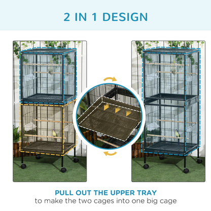 PawHut 55" 2 In 1 Bird Cage Aviary Parakeet House for finches, budgies with Wheels, Black