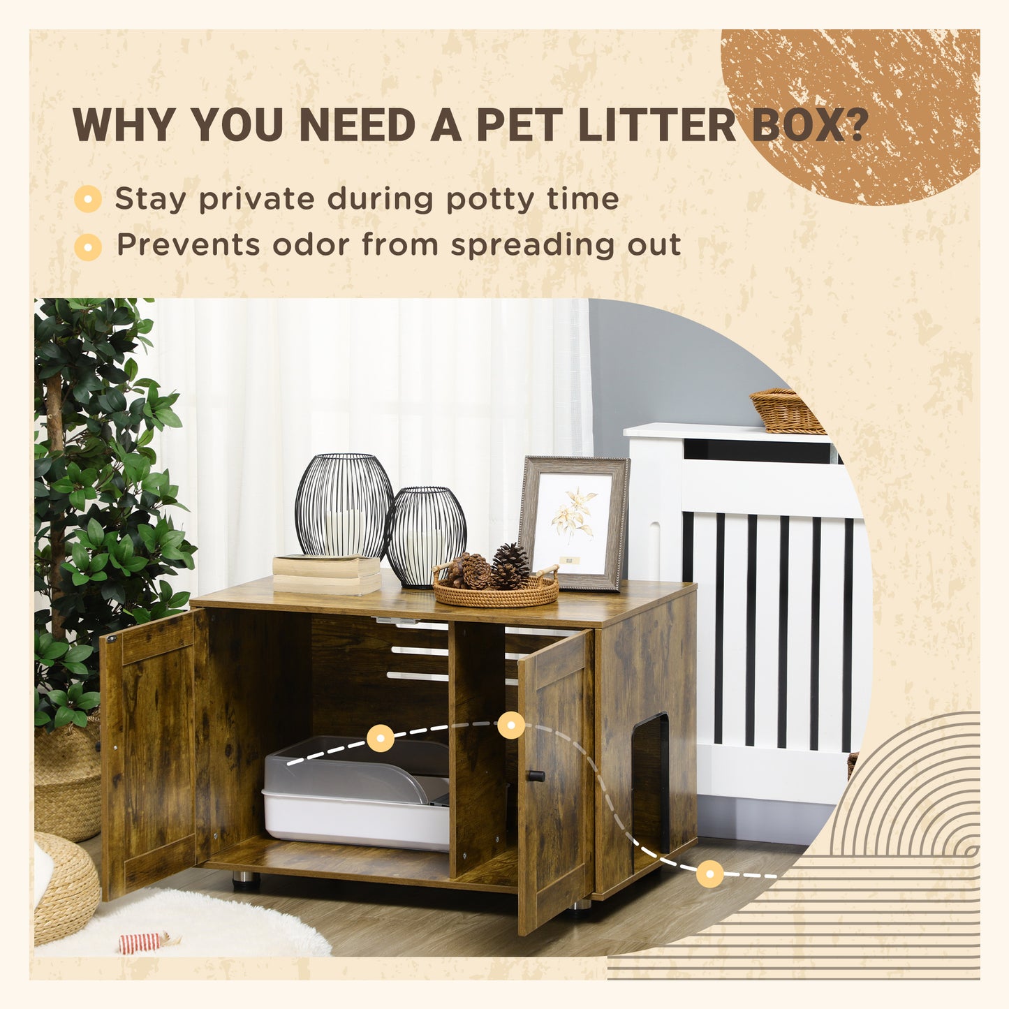 PawHut Hidden Cat Litter Box Enclosure, Cat Washroom Storage Bench Side End Table with Double Doors, Adjustable Feet, Rustic Brown