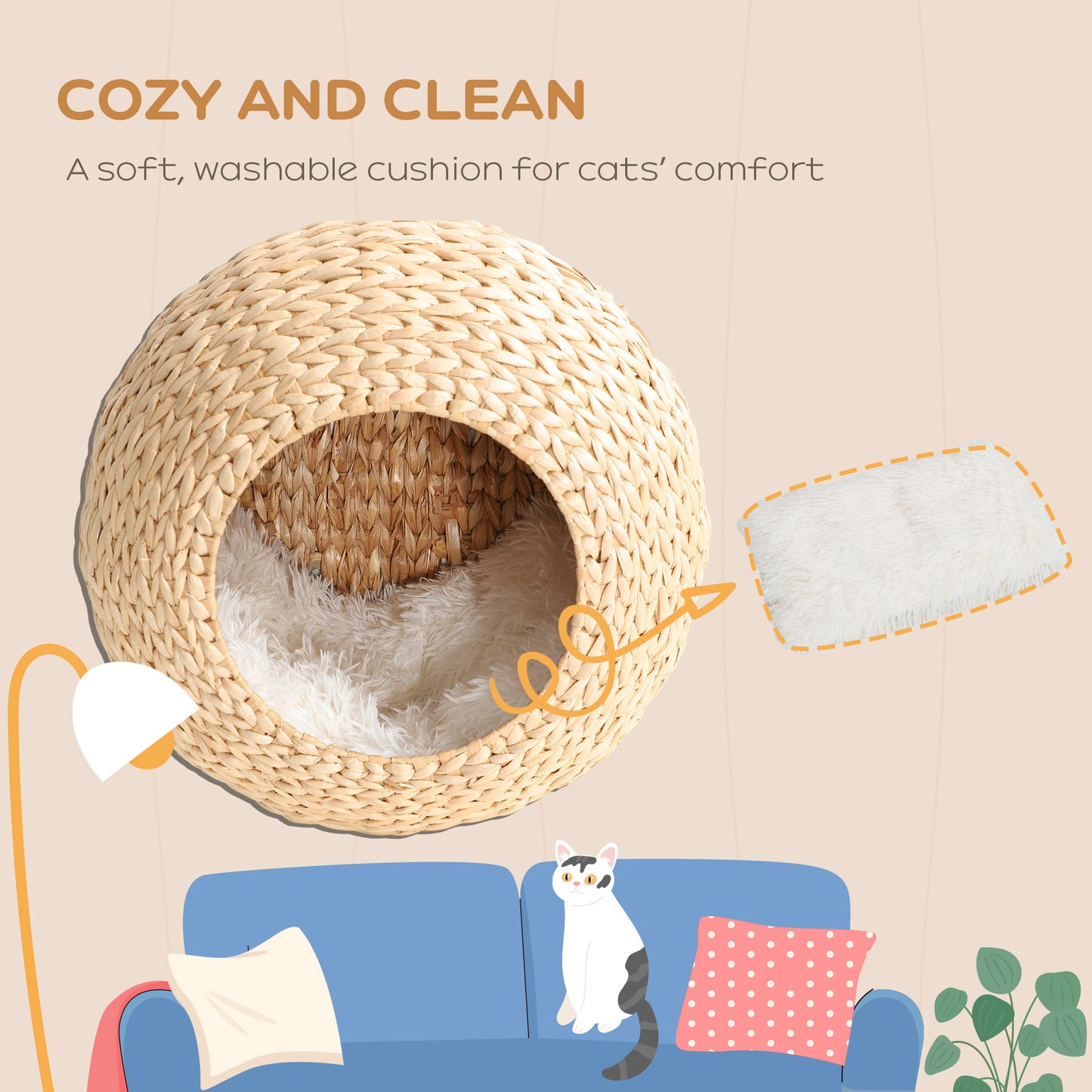 PawHut Wall Mounted Cat Condo with Washable Cushion, Natural Wood