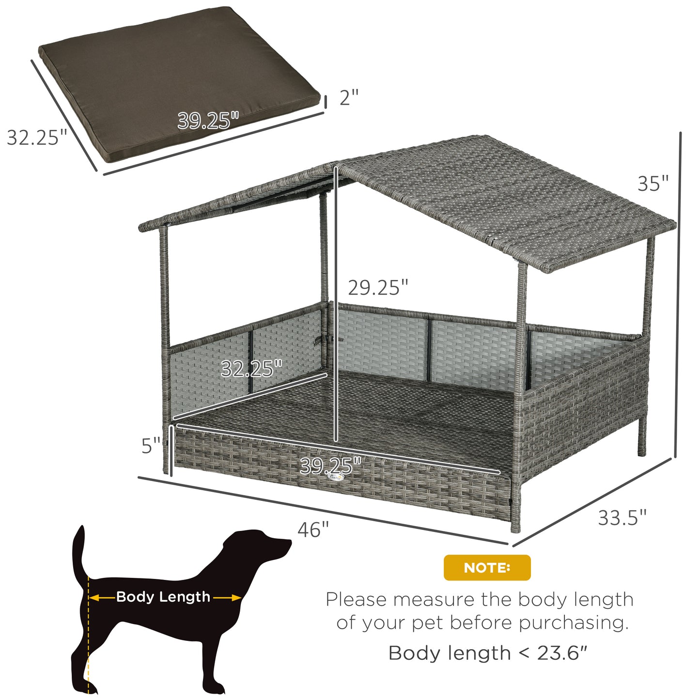 PawHut Outdoor Dog Bed with Canopy, Rattan Dog Bed with Soft Cushion Removable Cover for Medium and Large Dogs, Charcoal Gray