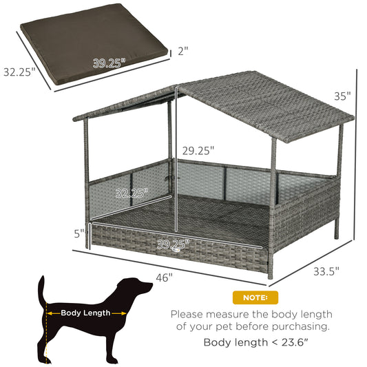 PawHut Outdoor Dog Bed with Canopy, Rattan Dog Bed with Soft Cushion Removable Cover for Medium and Large Dogs, Charcoal Gray
