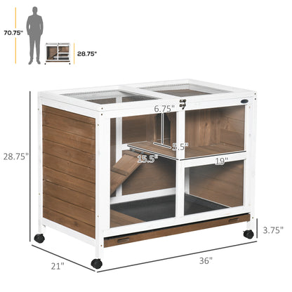 PawHut Fir Wood Rabbit Hutch Indoor Home with a Living Room for Sleeping Run Area
