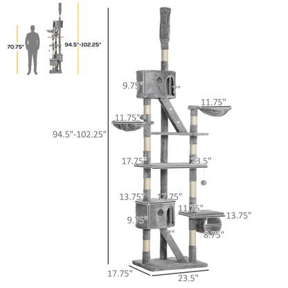 PawHut Floor to Ceiling Cat Tree, 94.5-102.5 inch Height Adjustable Cat Climbing Tower with Scratching Posts, Condos, Hammocks