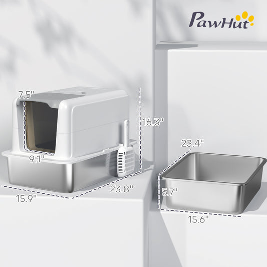 PawHut 2 in 1 Stainless Steel Cat Litter Box with Removable Lid, Scoop, Filter Bags, for Small to Large Cats, White