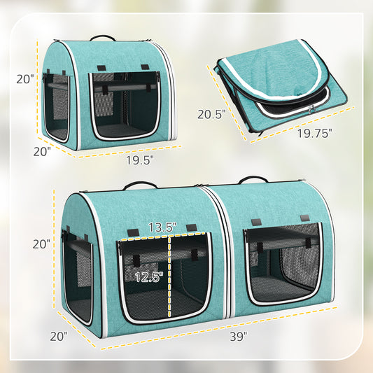 PawHut 39" Portable Soft 2 Sided Pet Cat Carrier with Divider, Two Compartment, Soft Cushions, & Storage Bag, Green