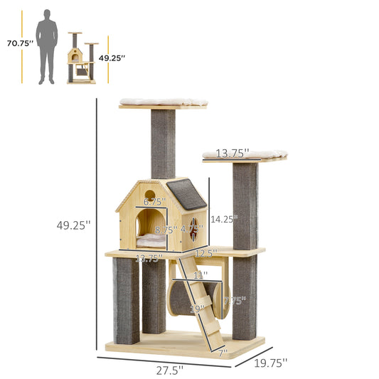 PawHut 49" Cat Tree, Cute Cat Tower with Pillow Covered Perches, Spinning Toy, Cat Condo, Scratching Posts, Ladder, Cat Activity Center, Cat Furniture for Indoor Cats, Natural