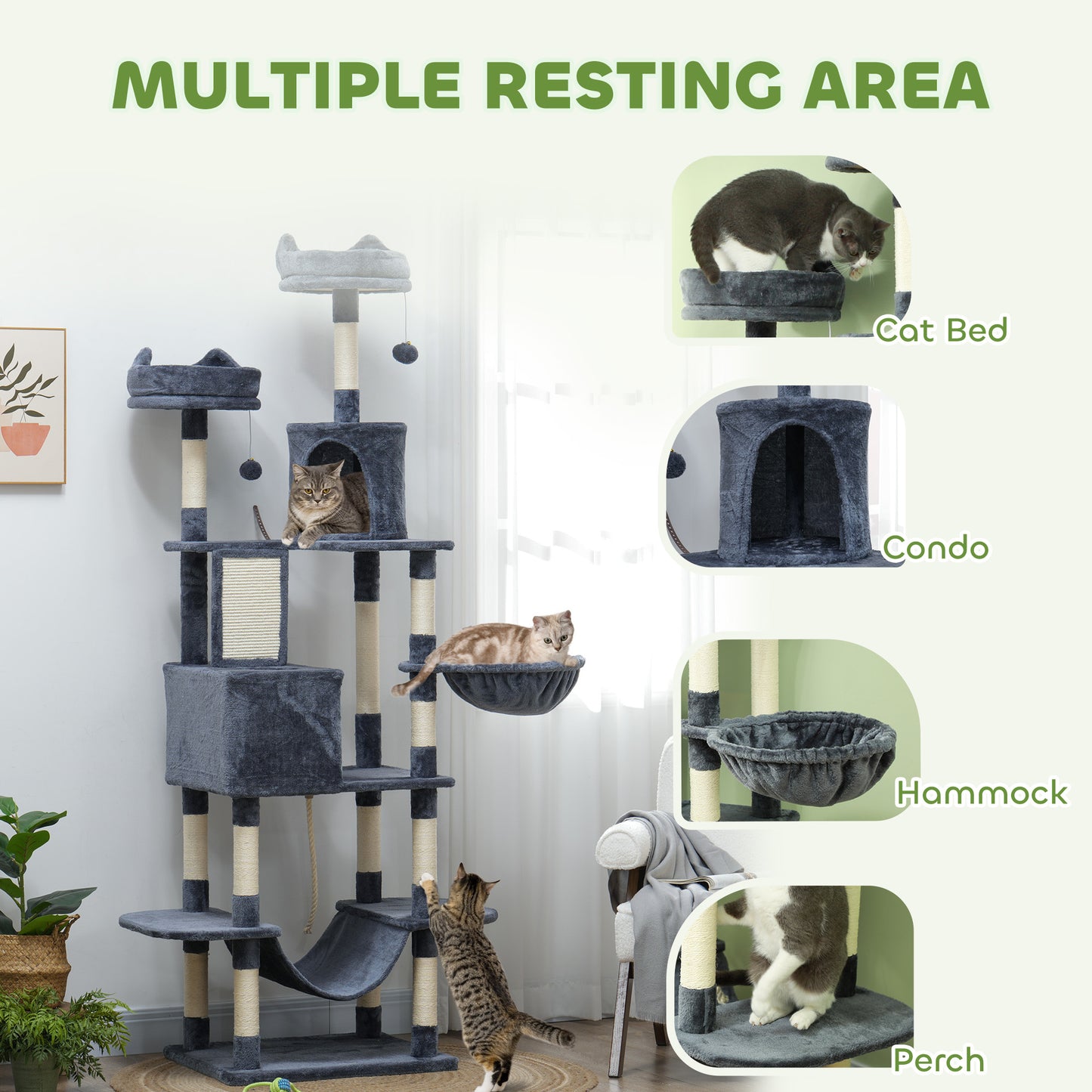PawHut 81" Cat Tree w/ Cat Scratching Posts, Scratching Board, Condos, Beds, Hammocks, Toy Balls, Rope Cat Toy, Gray