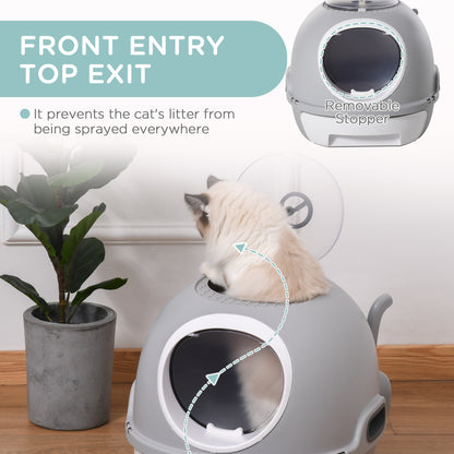 PawHut Cat Litter Box Toilet with Lid, Covered Litter Box with Scoop, Enclosed Drawer, and Skylight, Gray