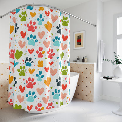 Colorful Paw Print Shower Curtain | Pet Lover Gift, Heart Decor, Animal Print Bathroom, Dog Cat Theme, Love Your Pets