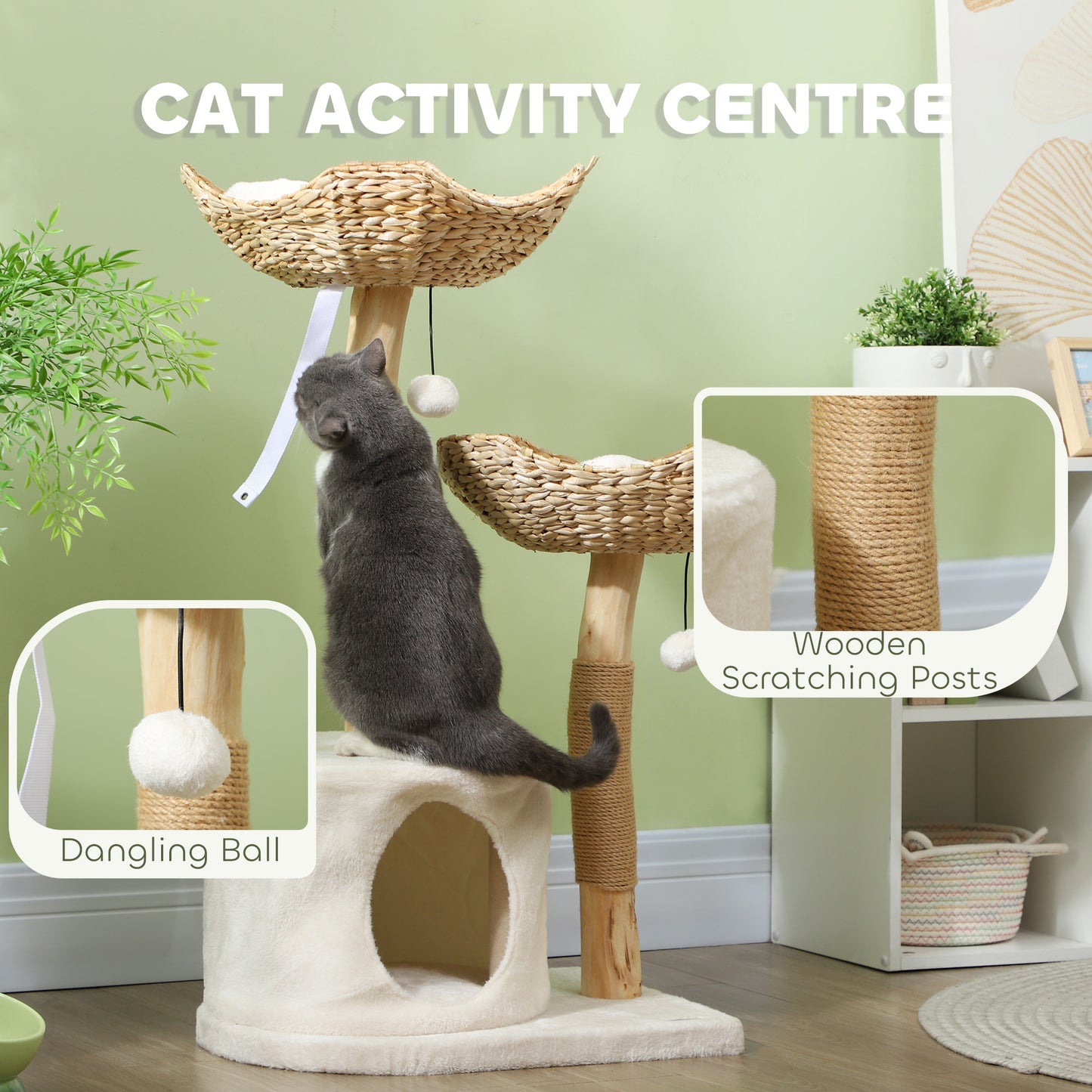 PawHut 37 Inch Modern Cat Tree w/ Wooden Scratching Posts, Condo, Beds, Cushions, Toy Balls & Anti-Tip Kit