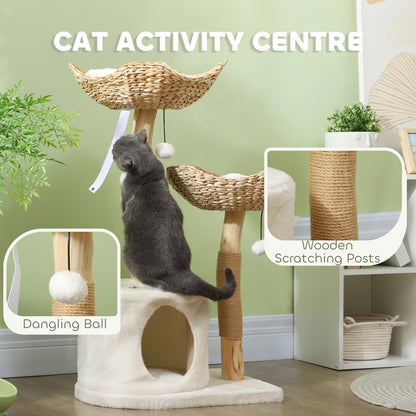 PawHut 37 Inch Modern Cat Tree w/ Wooden Scratching Posts, Condo, Beds, Cushions, Toy Balls & Anti-Tip Kit