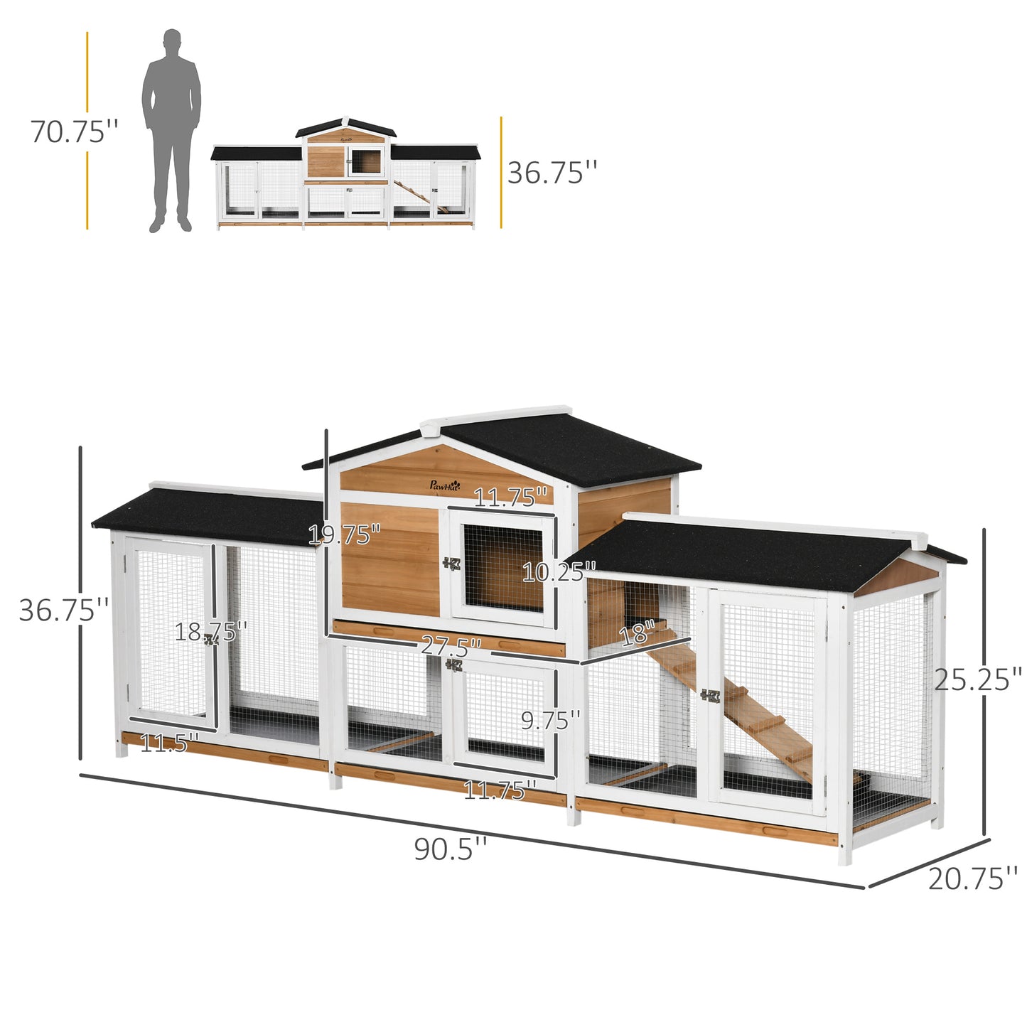 PawHut 90.5" Wooden Rabbit Hutch Bunny Cage Pet Playpen House Enclosure with Double Side Run Boxes, No Leak Tray, Ramp, for Rabbits, Chickens, Ducks, Guinea Pig and Small Animals, White
