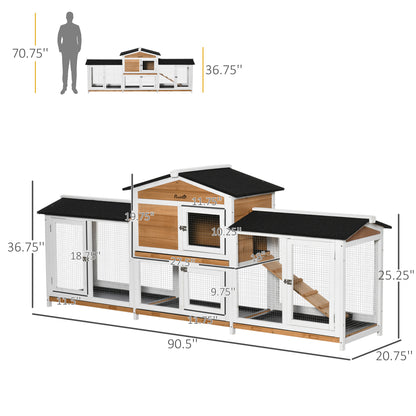PawHut 90.5" Wooden Rabbit Hutch Bunny Cage Pet Playpen House Enclosure with Double Side Run Boxes, No Leak Tray, Ramp, for Rabbits, Chickens, Ducks, Guinea Pig and Small Animals, White
