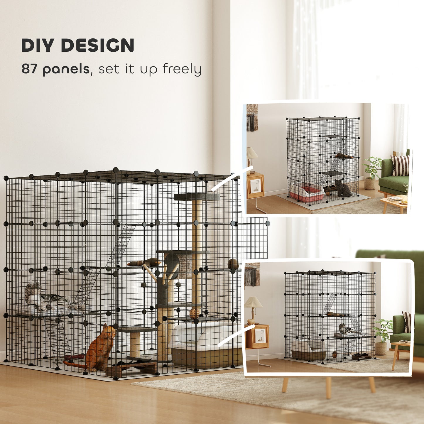 PawHut Detachable Metal Cat Cage with Platforms, Ramps, Accessories, for 1-3 Cats, 55", Black