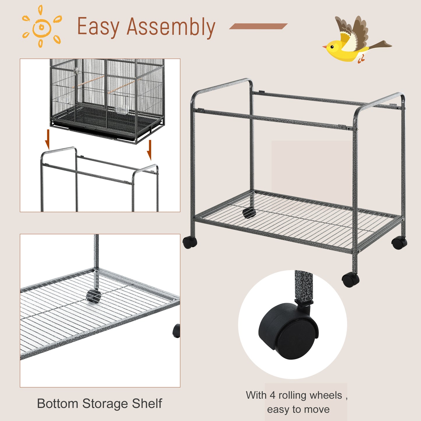 PawHut 30" Rolling Metal Bird Cage Feeder with Detachable Rolling Stand, Storage Shelf, Wood Perch & Food Container