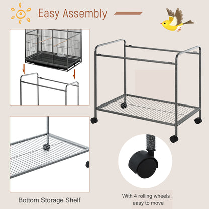 PawHut 30" Rolling Metal Bird Cage Feeder with Detachable Rolling Stand, Storage Shelf, Wood Perch & Food Container
