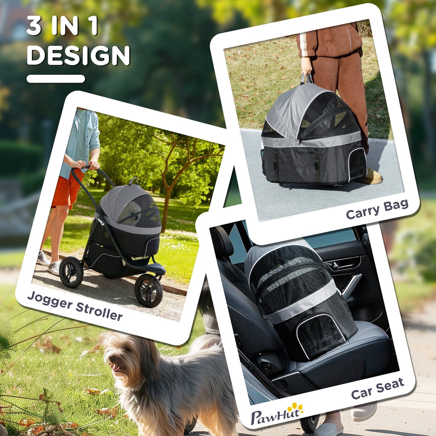 PawHut 3 in 1 Pet Jogging Stroller for Small Dogs and Cats with Detachable Carrier, Storage Basket, Gray