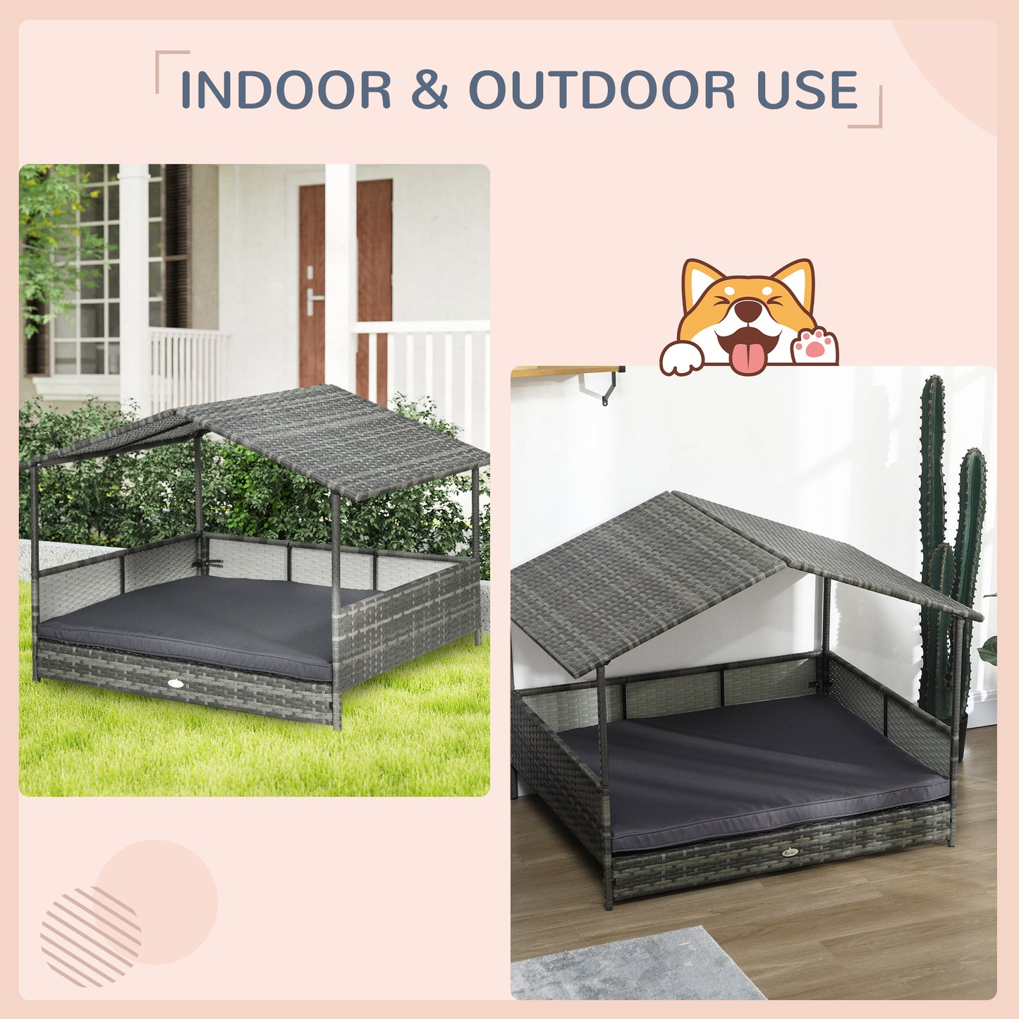 PawHut Outdoor Dog Bed with Canopy, Rattan Dog Bed with Soft Cushion Removable Cover for Medium and Large Dogs, Dark Gray