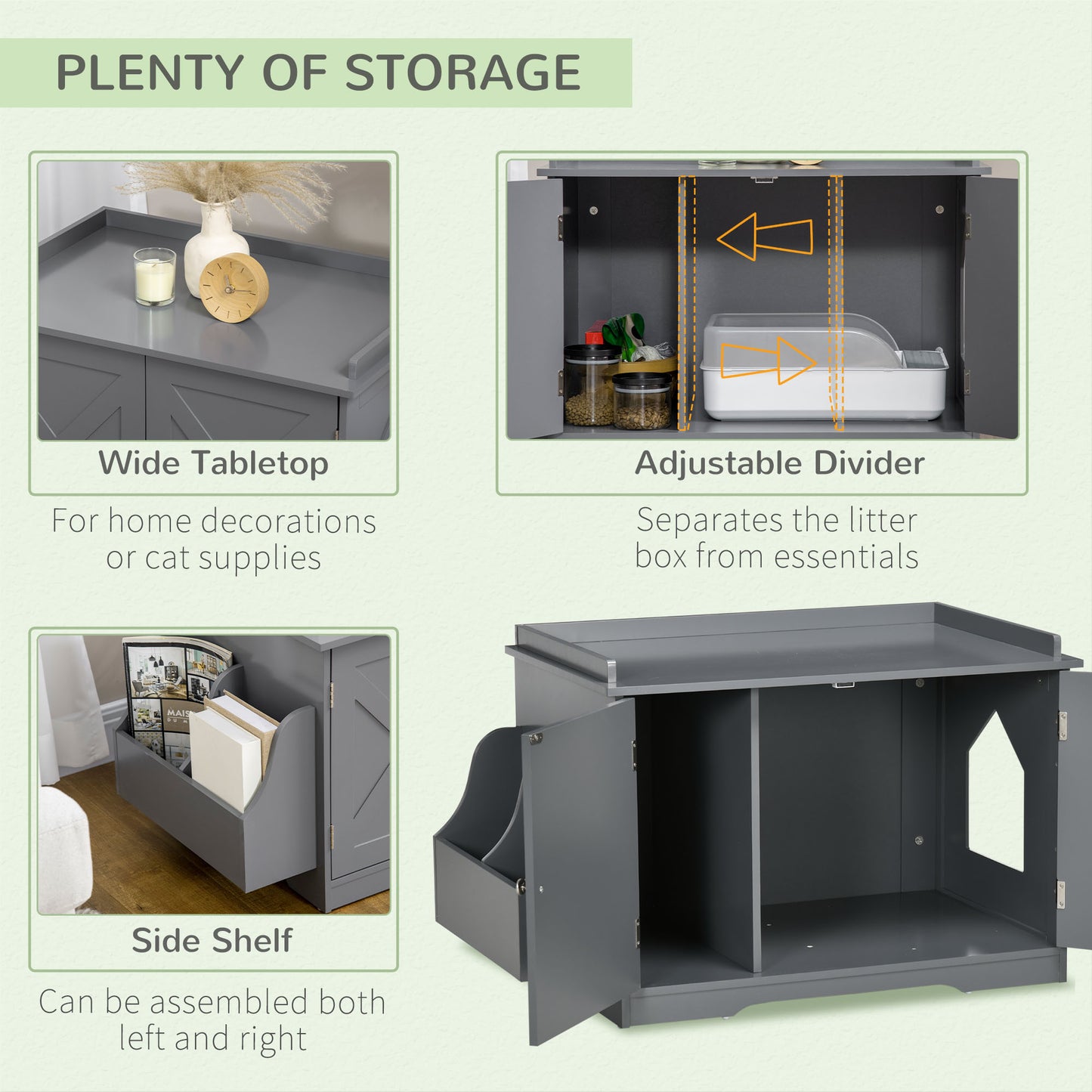 PawHut Wide & Large Cat Litter Box Furniture Hidden Farmhouse Table with Magnetic Doors, Big Covered Kitty Litter Box Enclosure Cabinet with Shelves, Pet Furniture Cat Gift Side Table, Gray