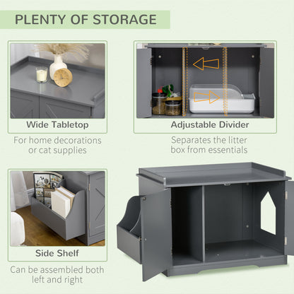 PawHut Wide & Large Cat Litter Box Furniture Hidden Farmhouse Table with Magnetic Doors, Big Covered Kitty Litter Box Enclosure Cabinet with Shelves, Pet Furniture Cat Gift Side Table, Gray