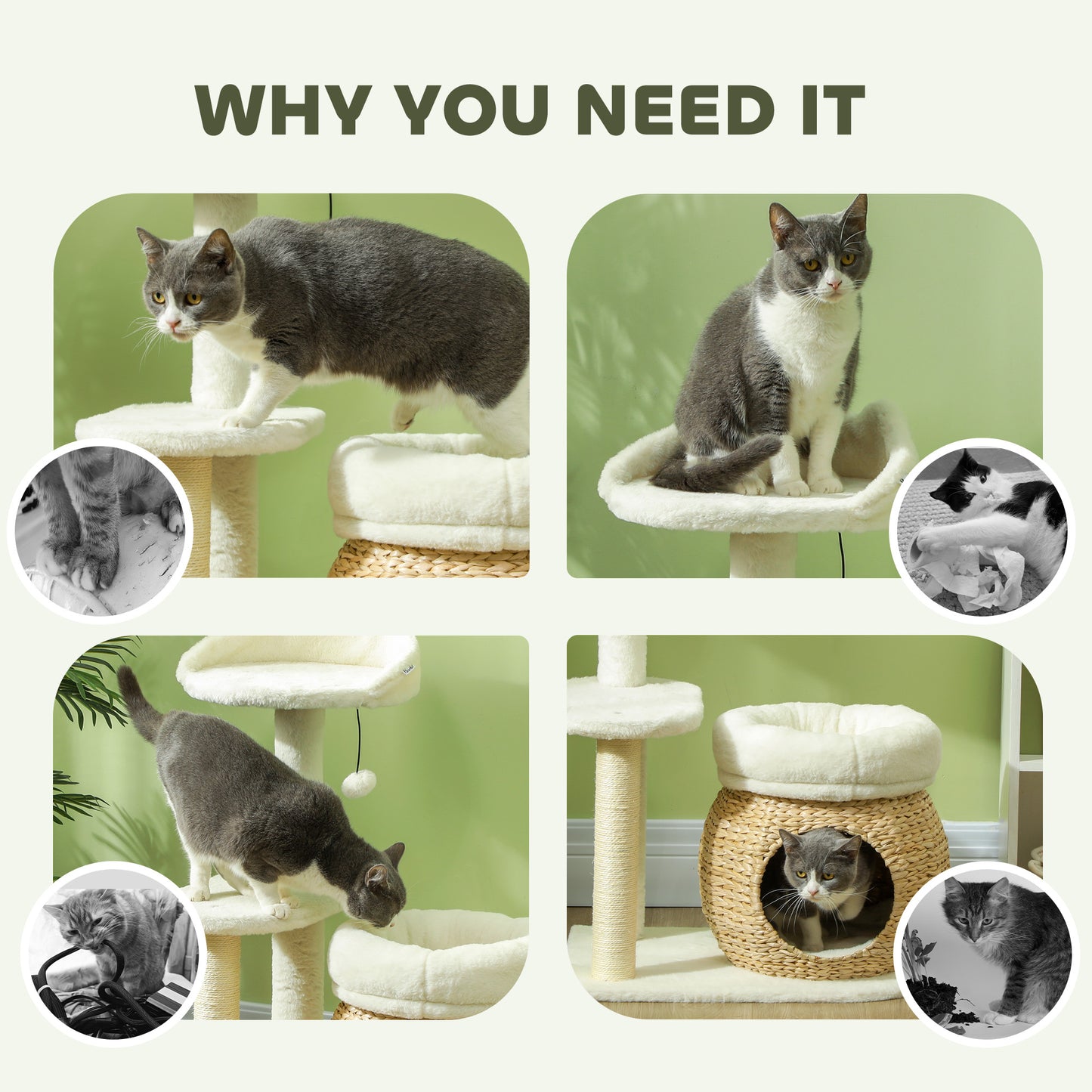 PawHut 31" Cat Tree Tower with Scratching Posts, Cat Condo, Beds, Platform and Toy Ball for Indoor Cats, Cream White