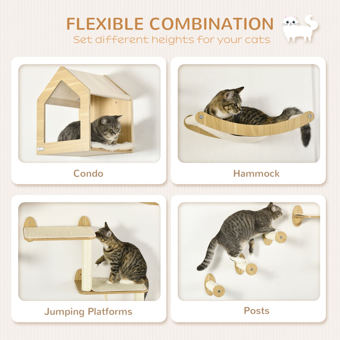 PawHut 8PCs Cat Wall Shelves Pet Wall-mounted Climbing Shelf Set with Cushion Condo Scratching Posts Hammock Oak