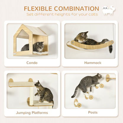 PawHut 8PCs Cat Wall Shelves Pet Wall-mounted Climbing Shelf Set with Cushion Condo Scratching Posts Hammock Oak