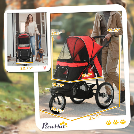 PawHut Pet Stroller for Small Dogs and Medium Dogs with Adjustable Canopy, Safety Tether, Storage Basket, Red
