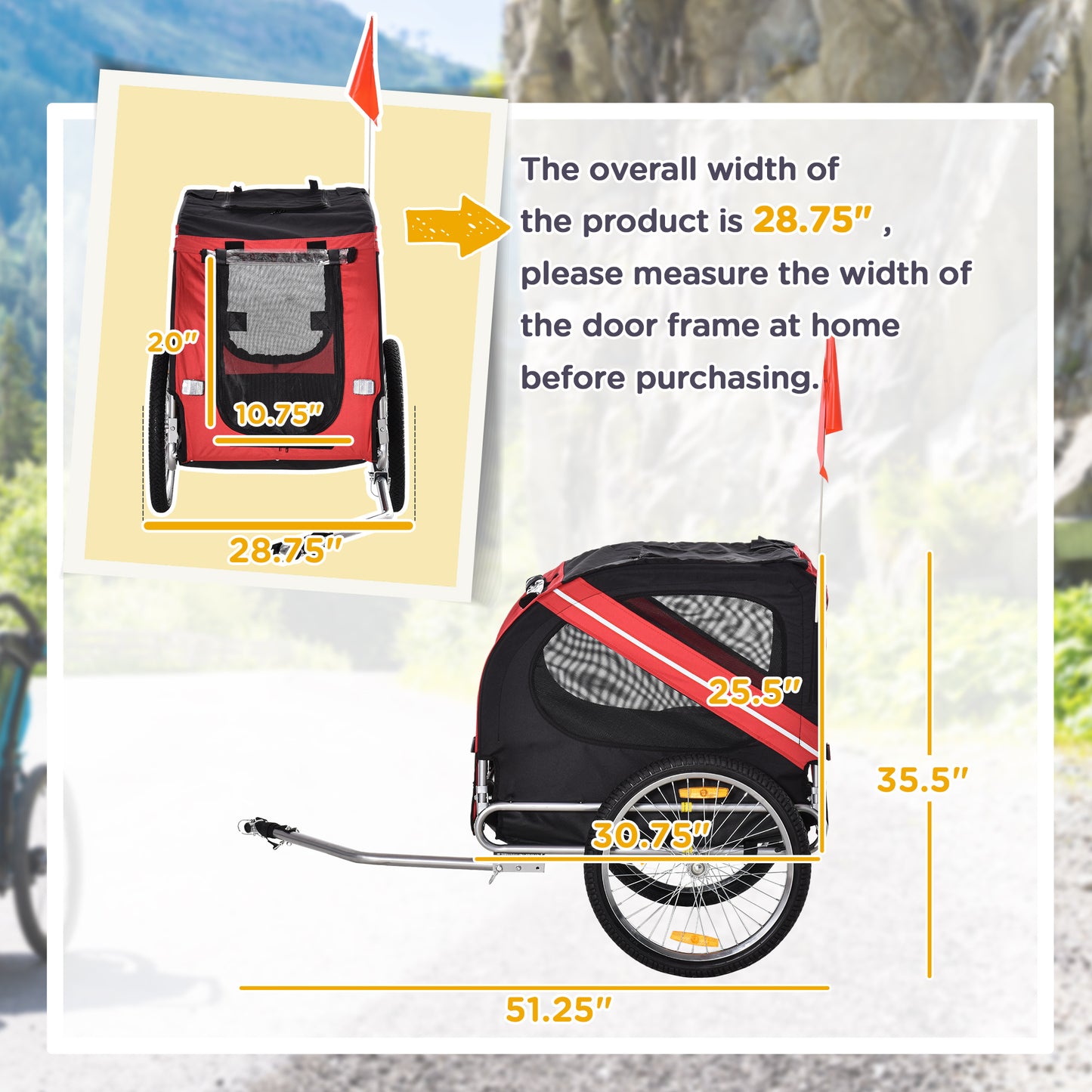 Dog Bike Trailer, Pet Wagon Bicycle Trailer with Easy Folding Cart Frame, 20" Large Rubber Wheels, 3 Entrances, Mesh Screen, Pet Bike Trailer for Off-Road & Travel, Red and Black