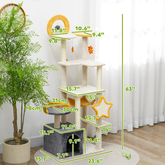 PawHut 63 Inch Moon and Star Themed Cat Tree with Scratching Post, Hammock, Condo, Bed, Scratching Board & Cat Toys, Beige