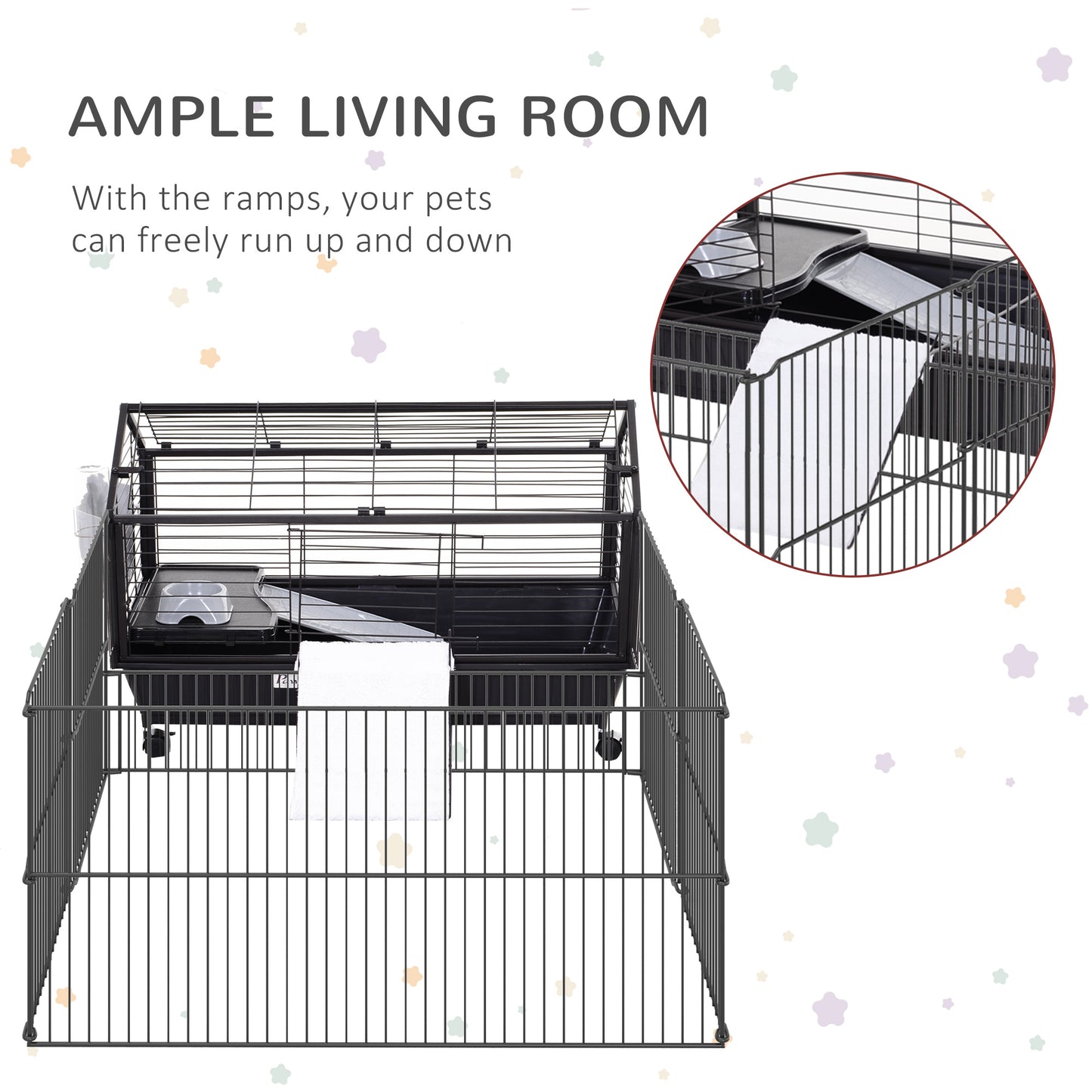 PawHut Rolling Metal Rabbit, Guinea Pig, or Small Animal Hutch Cage with Main House and Run