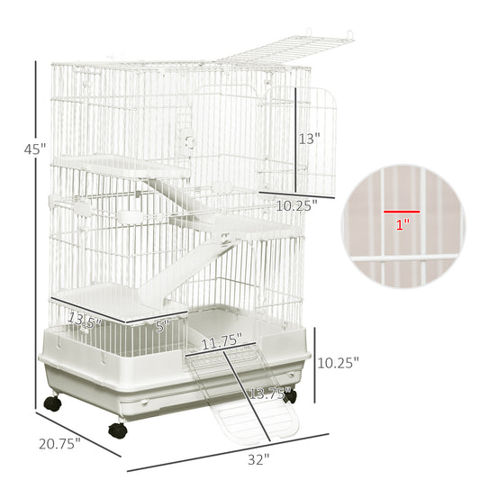PawHut 32"L 4-Level Small Animal Cage Rabbit Hutch with Universal Lockable Wheels, Slide-out Tray for Bunny, Chinchillas, Ferret, White