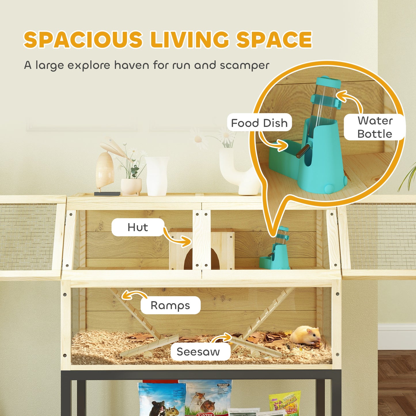 PawHut Hamster Cage on Wheels w/ Storage Shelf, Seesaws, Water Bottle, Hut & Ramps, for Dwarf, Gerbil, Syrian Hamster, Mouse