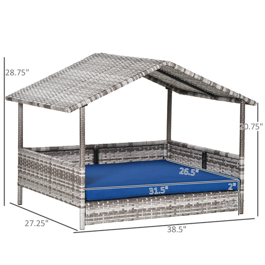 PawHut Pet House Wicker, for Indoor/Outdoor Rattan Furniture, with Water-Resistant and Removable Cushions, Elevated Bottom, Dark Blue