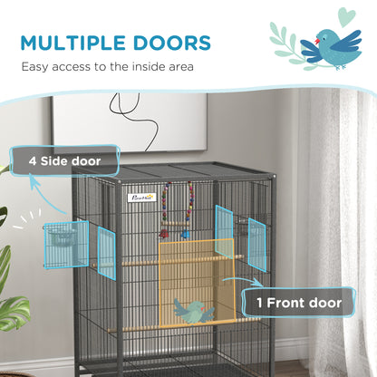 Pawhut Metal Bird Cage with Stand for Parrots, Lovebirds, Finches, Gray