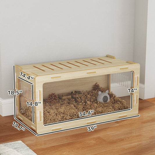 PawHut Hamster Cage with Easy View Acrylic Panels, Air Vents & Openable Roof, for Gerbil, Guinea Pig, 39" x 20" x 18.5", Oak