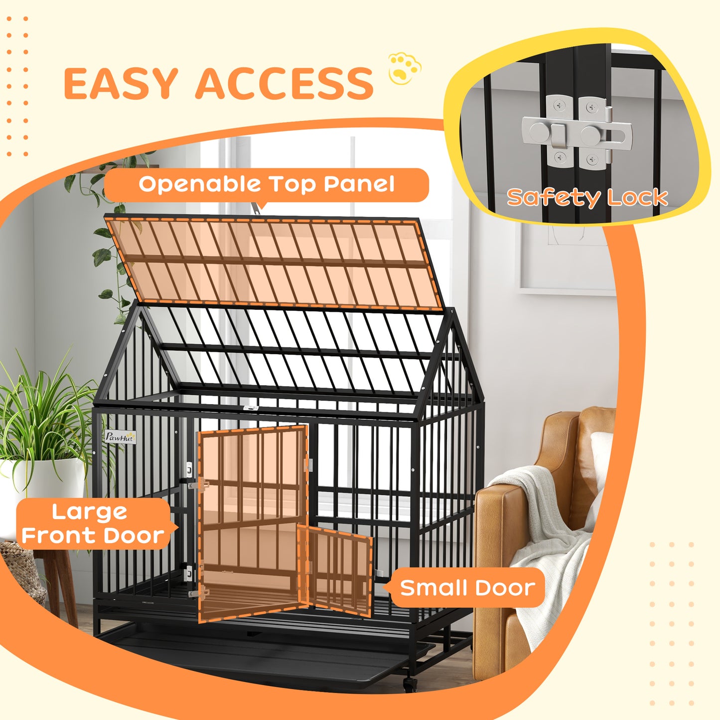 PawHut 48" Heavy Duty Dog Crate with 4 Lockable Wheels, Double Doors, and Removable Tray, for XL and L Dogs