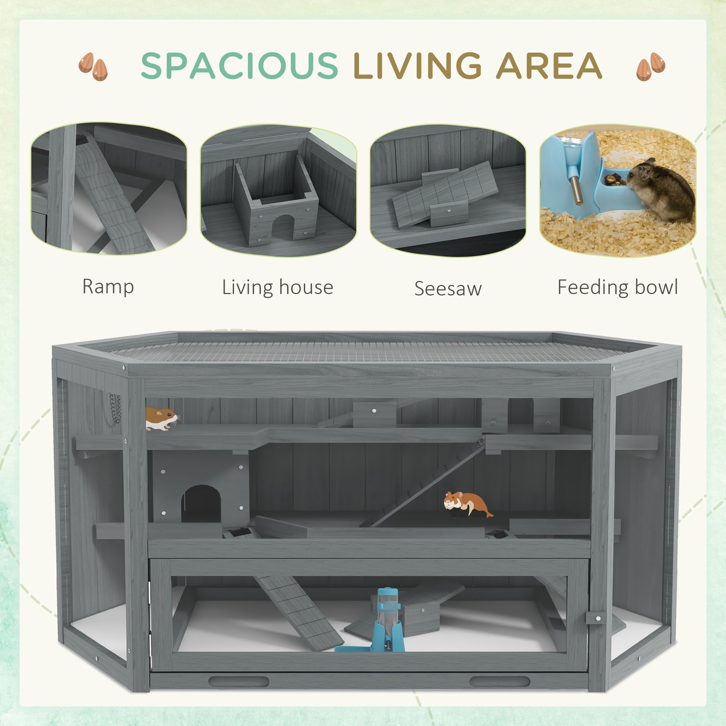 PawHut Wooden Hamster Cage Small Animal Exercise Play House 3 Tier with Tray, Seesaws, Water Bottle, Activity Center, Gray