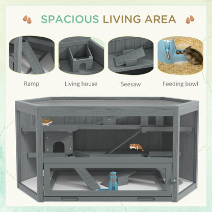 PawHut Wooden Hamster Cage Small Animal Exercise Play House 3 Tier with Tray, Seesaws, Water Bottle, Activity Center, Gray