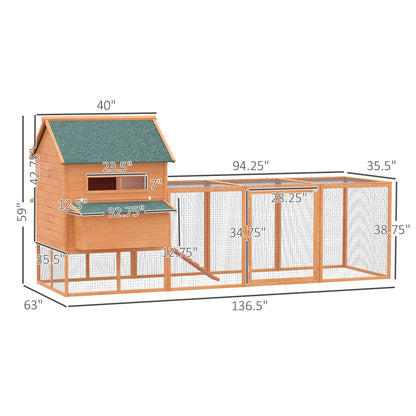 PawHut 137" Chicken Coop for 8-10 Chickens, Large Chicken House, Wooden Poultry Hen Cage with Nesting Box and Run for Backyard, Orange