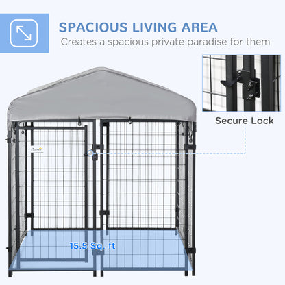 PawHut Outdoor Dog Kennel with Roof, 4' x 4' x 4.5' Heavy Duty Welded Wire Dog Playpen Enclosure with Escape-proof Lock, UV-Resistant & Waterproof Cover, for Medium Dogs, Chickens, Ducks, Silver