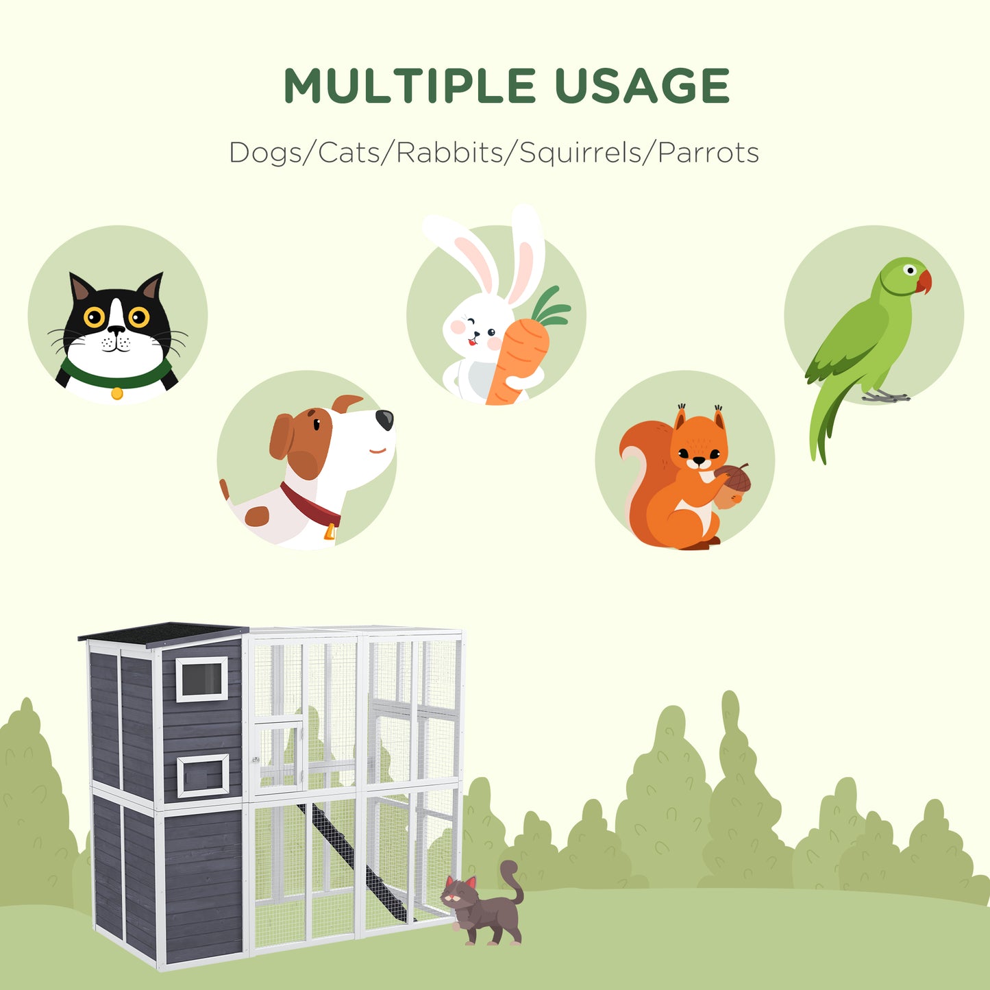 PawHut Wooden Outdoor Catio with Platforms, Asphalt Roof, Ramps, Light Gray