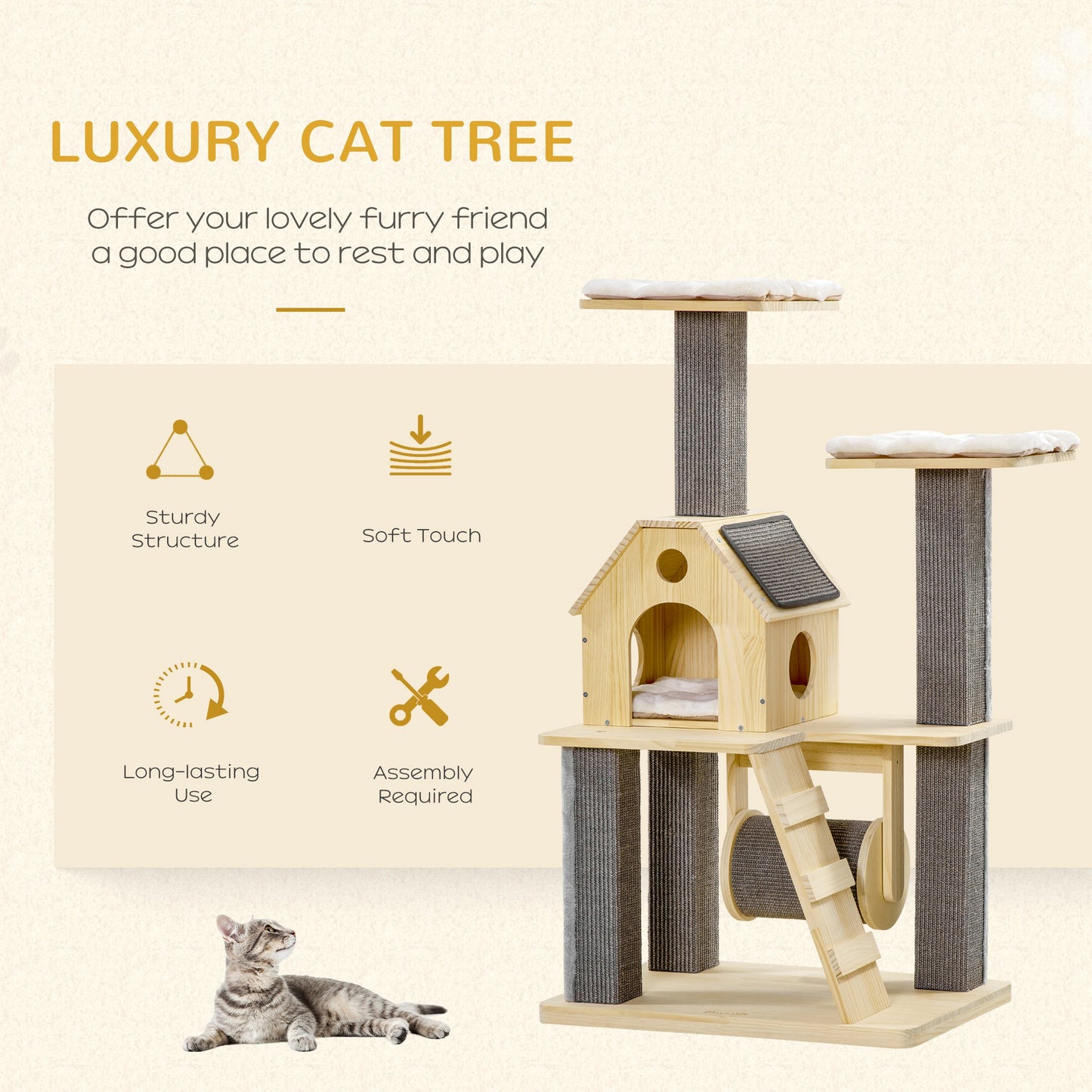 PawHut 49" Cat Tree, Cute Cat Tower with Pillow Covered Perches, Spinning Toy, Cat Condo, Scratching Posts, Ladder, Cat Activity Center, Cat Furniture for Indoor Cats, Natural