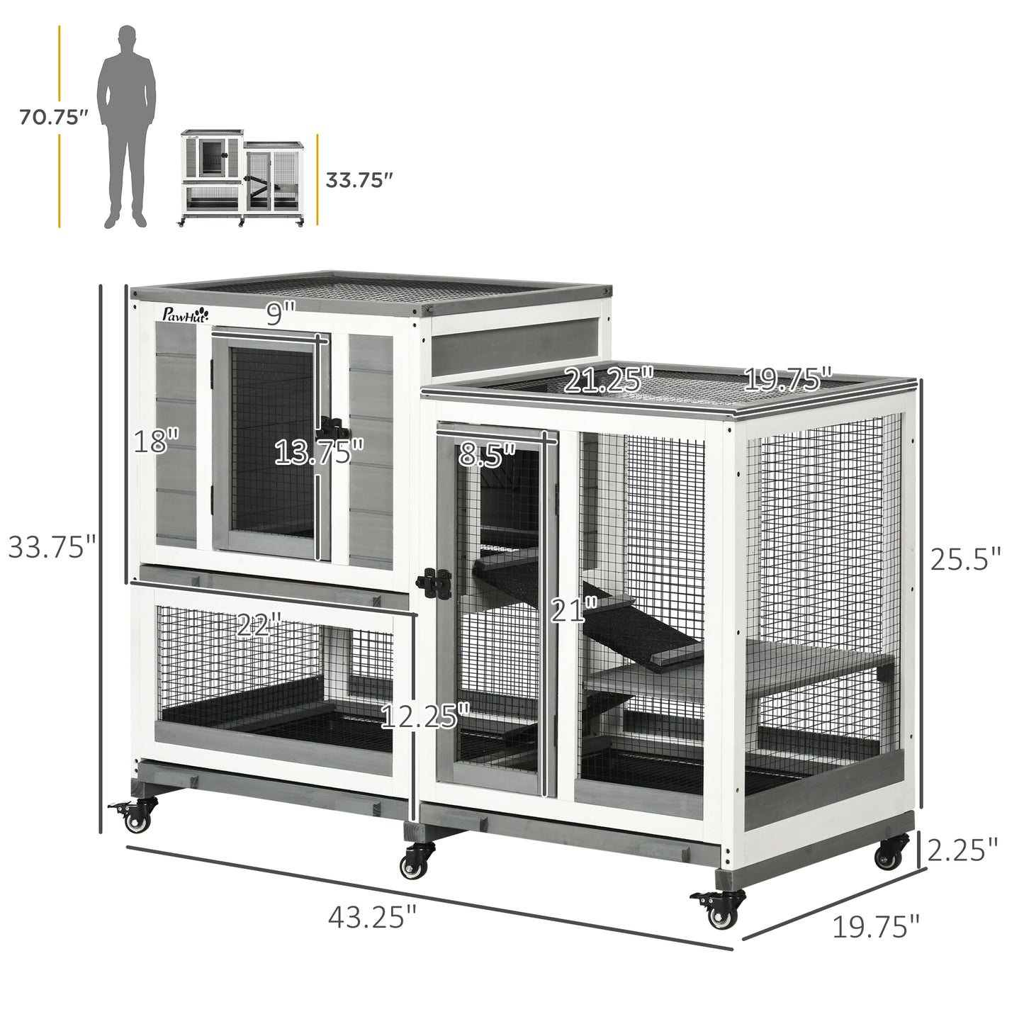 PawHut Three Story Wooden Rabbit Cage Bunny Hutch, Gray