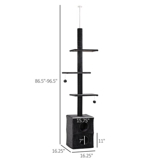 PawHut Cat Tree Floor to Ceiling Condo w/ Jute Scratching Post Dangling Ball Adjustable 86.5" H -96.5" H, Grey