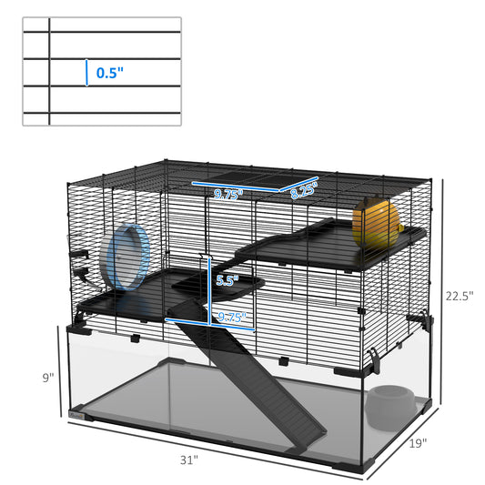 PawHut 31" Hamster Cage, Gerbil Cage with Glass Basin for Small Hamsters, Black