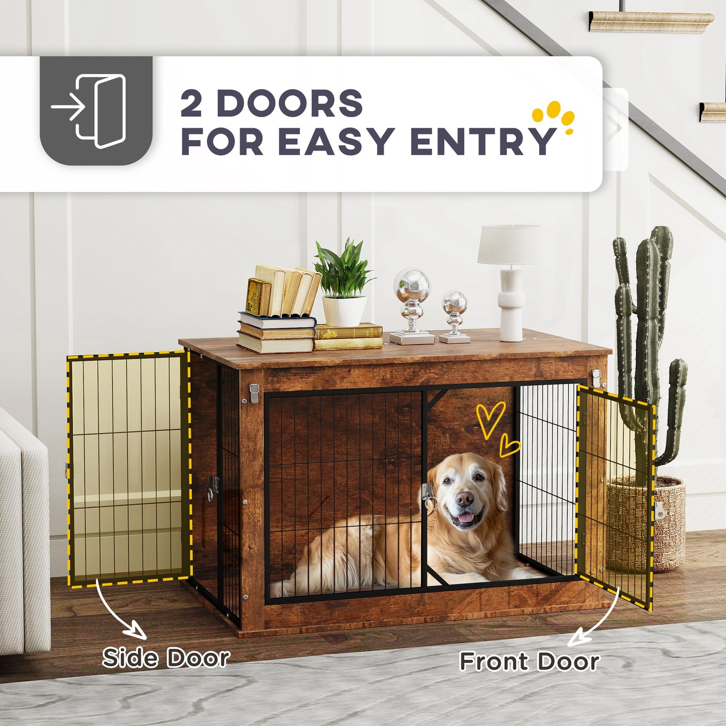 PawHut 39" Dog Crate Furniture with Flip-up Top Opening, 2 Doors, Dog Kennel Furniture for Large Dogs, Rustic Brown